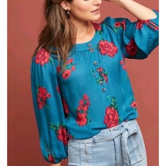Maeve Tops - Anthropologie Maeve Kalas teal henley floral woven blouse